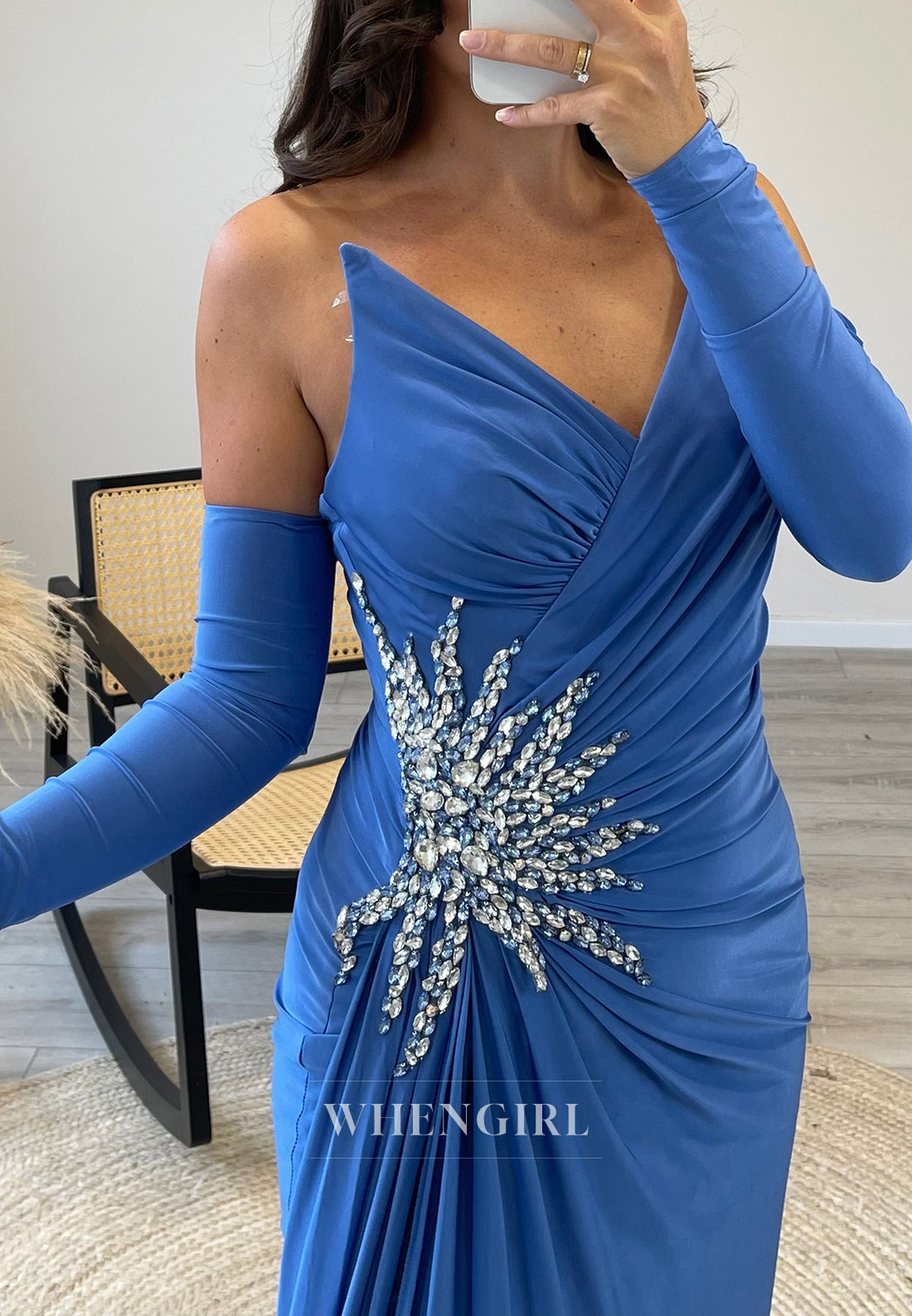 V Neck Rhinestone Pleated Formal Dress Long Sleeves Side Slit Train Evening Gown