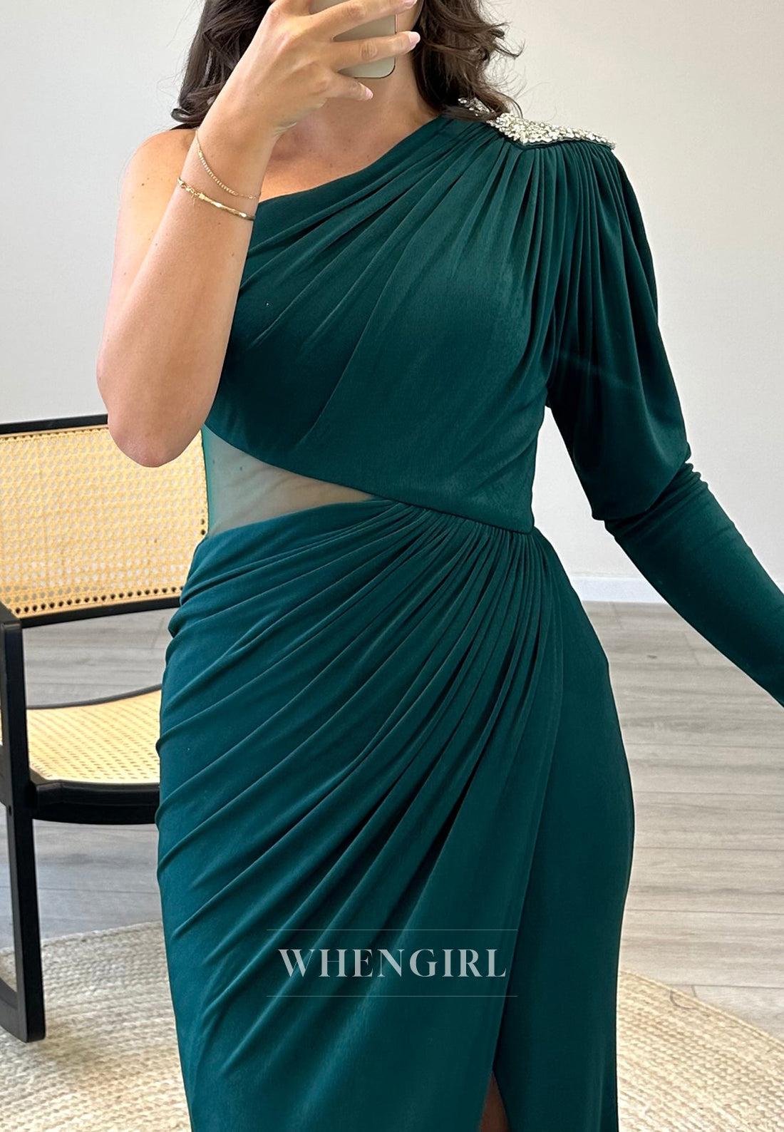 Asymmertrical One Shoulder Mermaid Pleated Chiffon Evening Gown with Side Slit