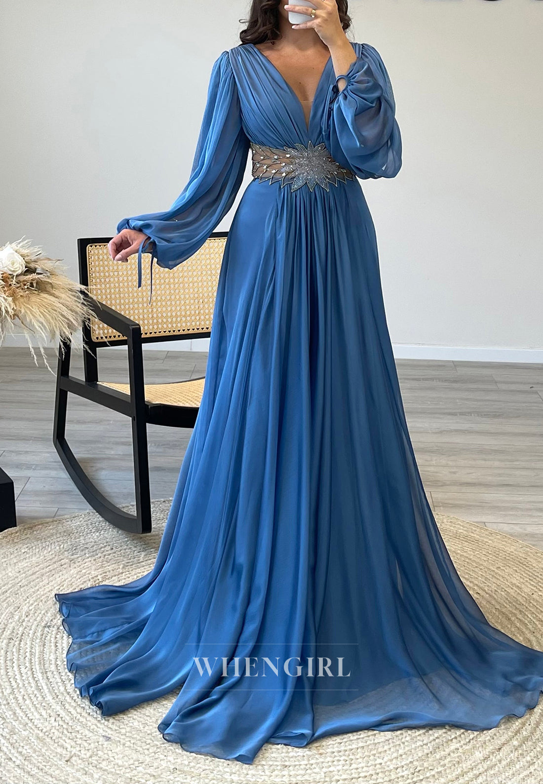 Long Sleeves V-Neck A-Line Beaded Side Slit Chiffon Evening Formal Gowns