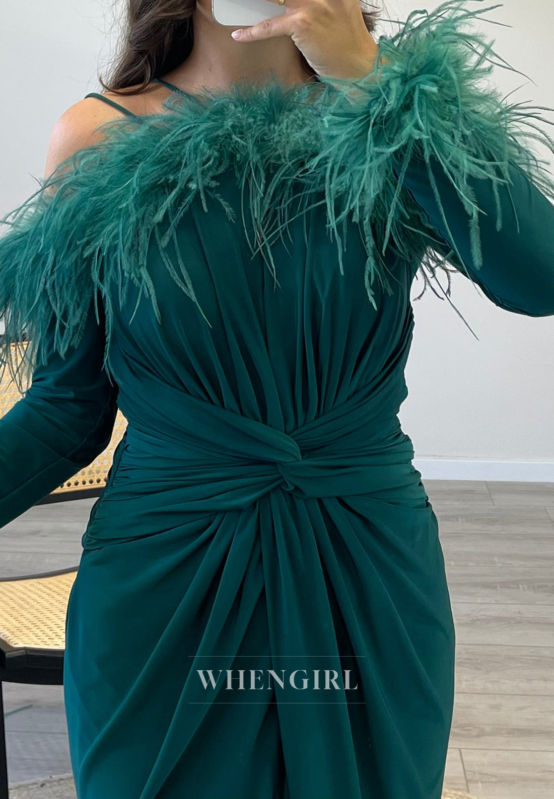Pleated Long Sleeves Feather Mermaid Formal Gown Side Slit Chiffon Dress