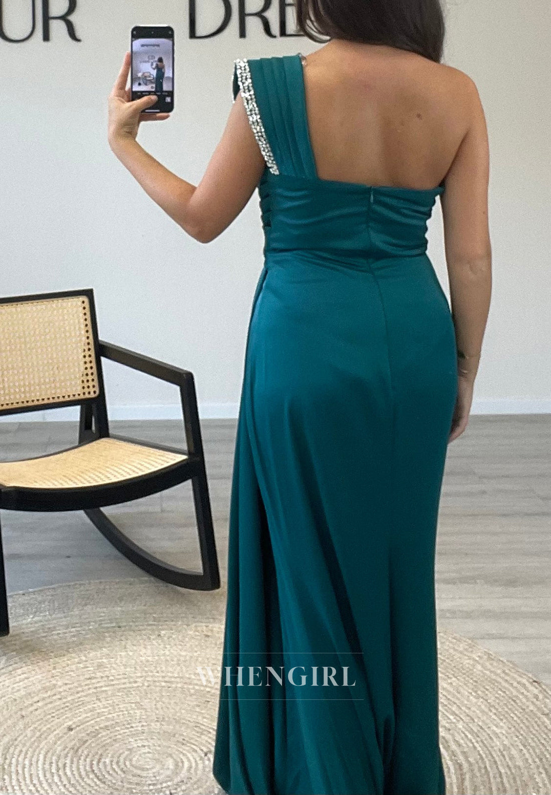 One Shoulder Satin Side Slit Mermaid Beading Sleeveless Evening Gown