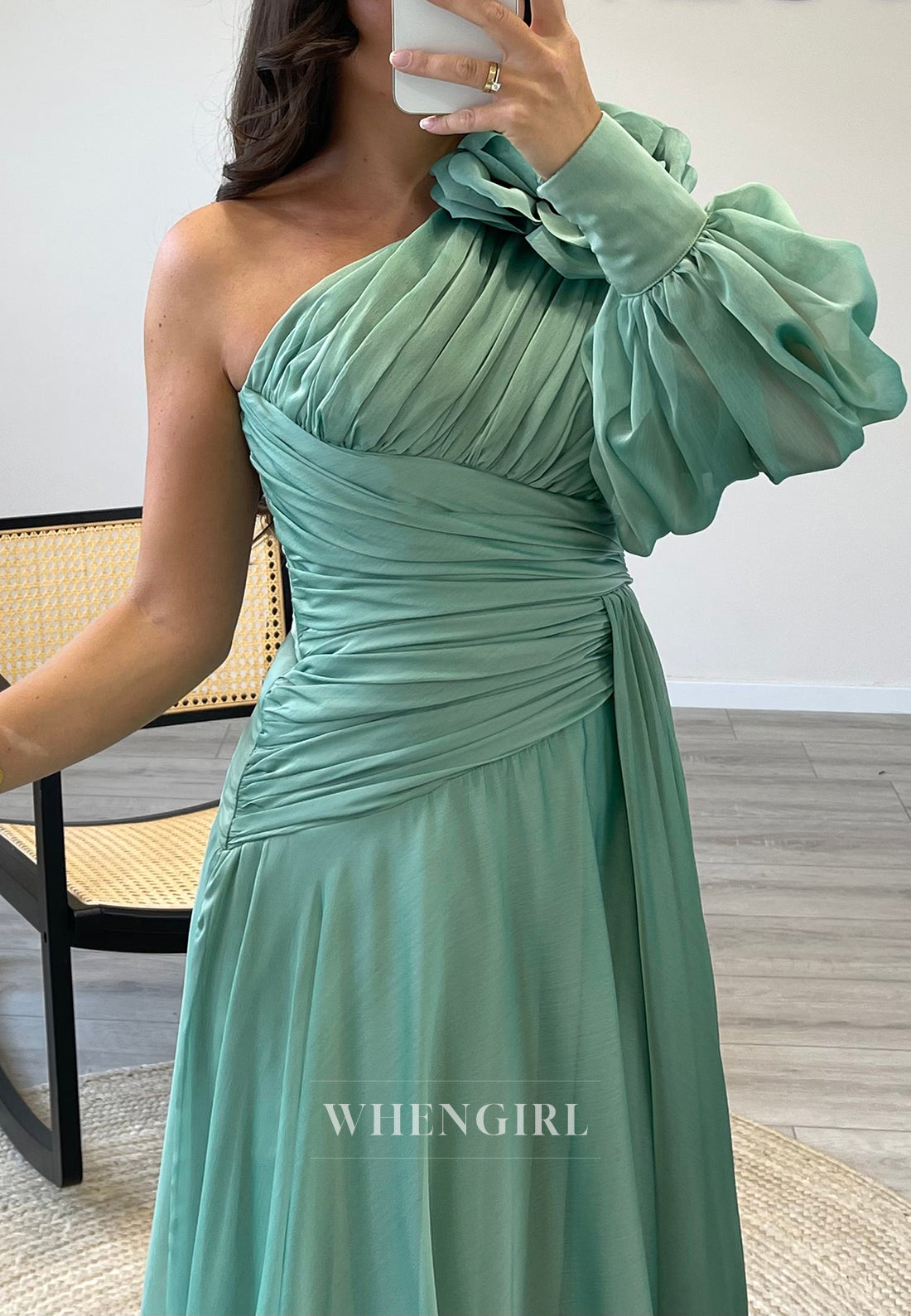 A-Line One Shoulder Side Slit Sweep Train Pleated Formal Evening Gown with Long Sleeve