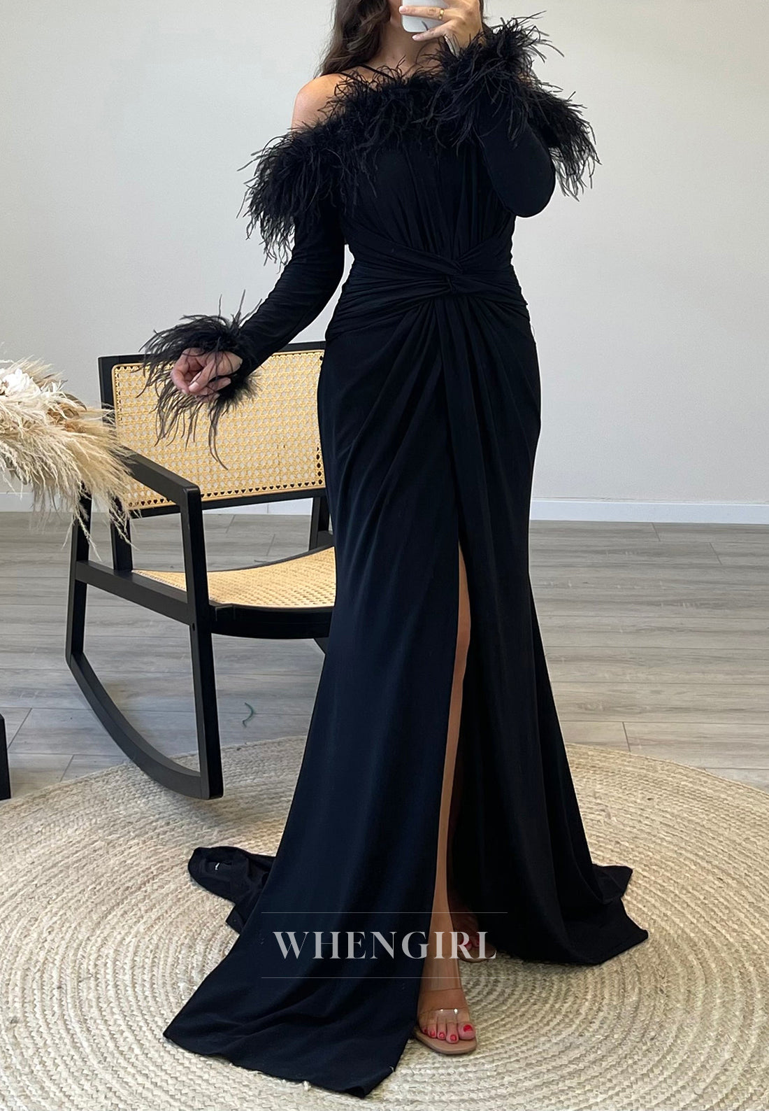 Pleated Long Sleeves Feather Mermaid Formal Gown Side Slit Chiffon Dress