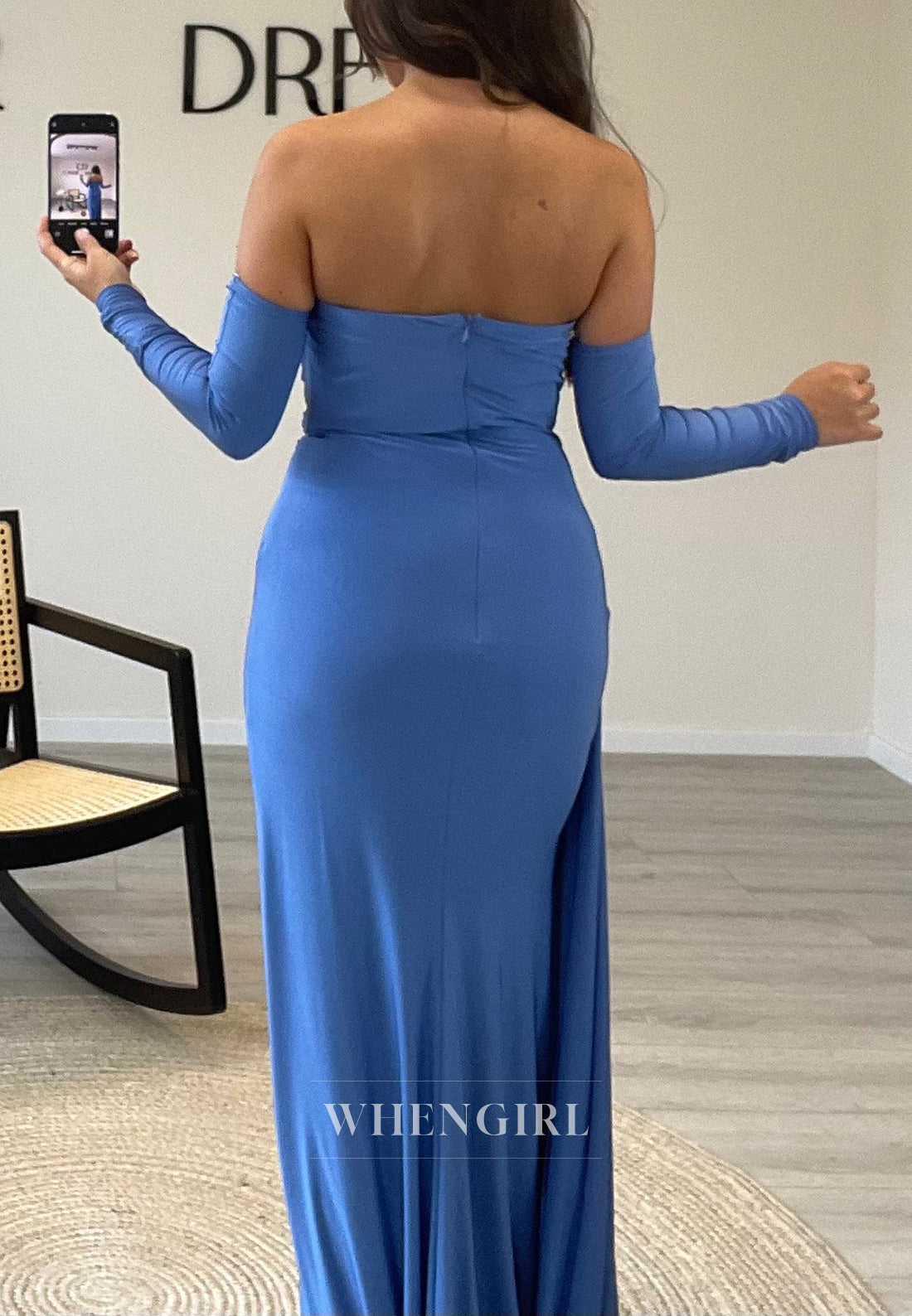 V Neck Rhinestone Pleated Formal Dress Long Sleeves Side Slit Train Evening Gown