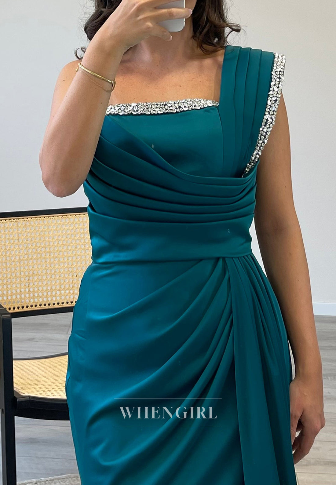 One Shoulder Satin Side Slit Mermaid Beading Sleeveless Evening Gown