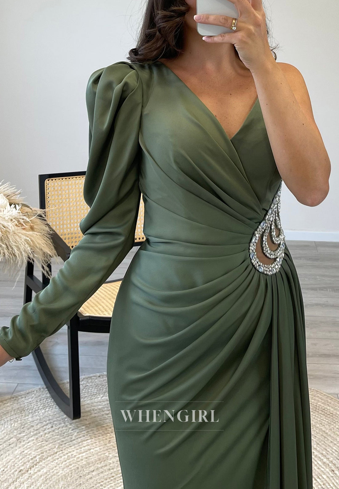 V Neck Low Back Mermaid Evening Dress Rhinestone Side Slit Waist Cut Out Formal Gown