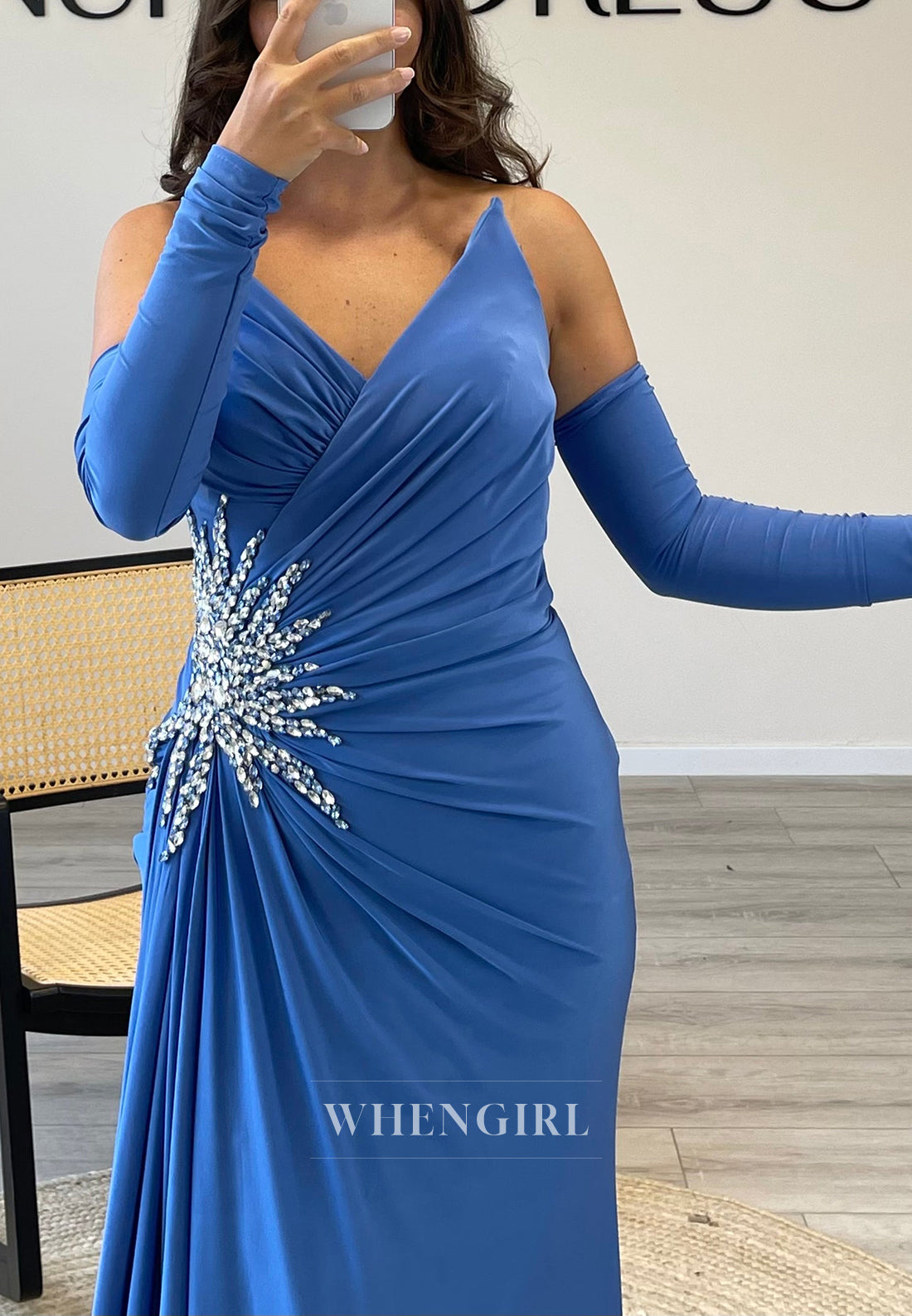 V Neck Rhinestone Pleated Formal Dress Long Sleeves Side Slit Train Evening Gown