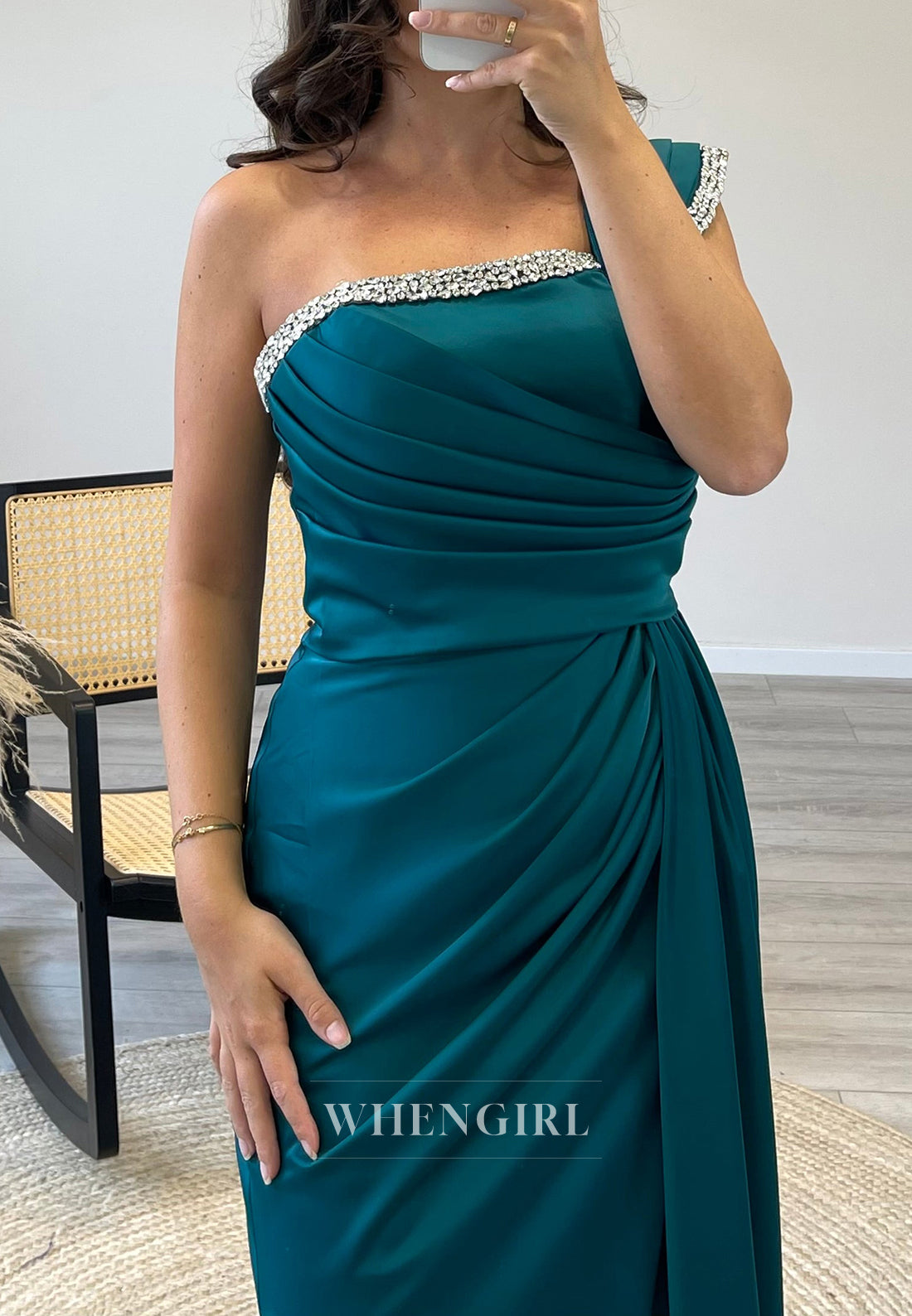 One Shoulder Satin Side Slit Mermaid Beading Sleeveless Evening Gown
