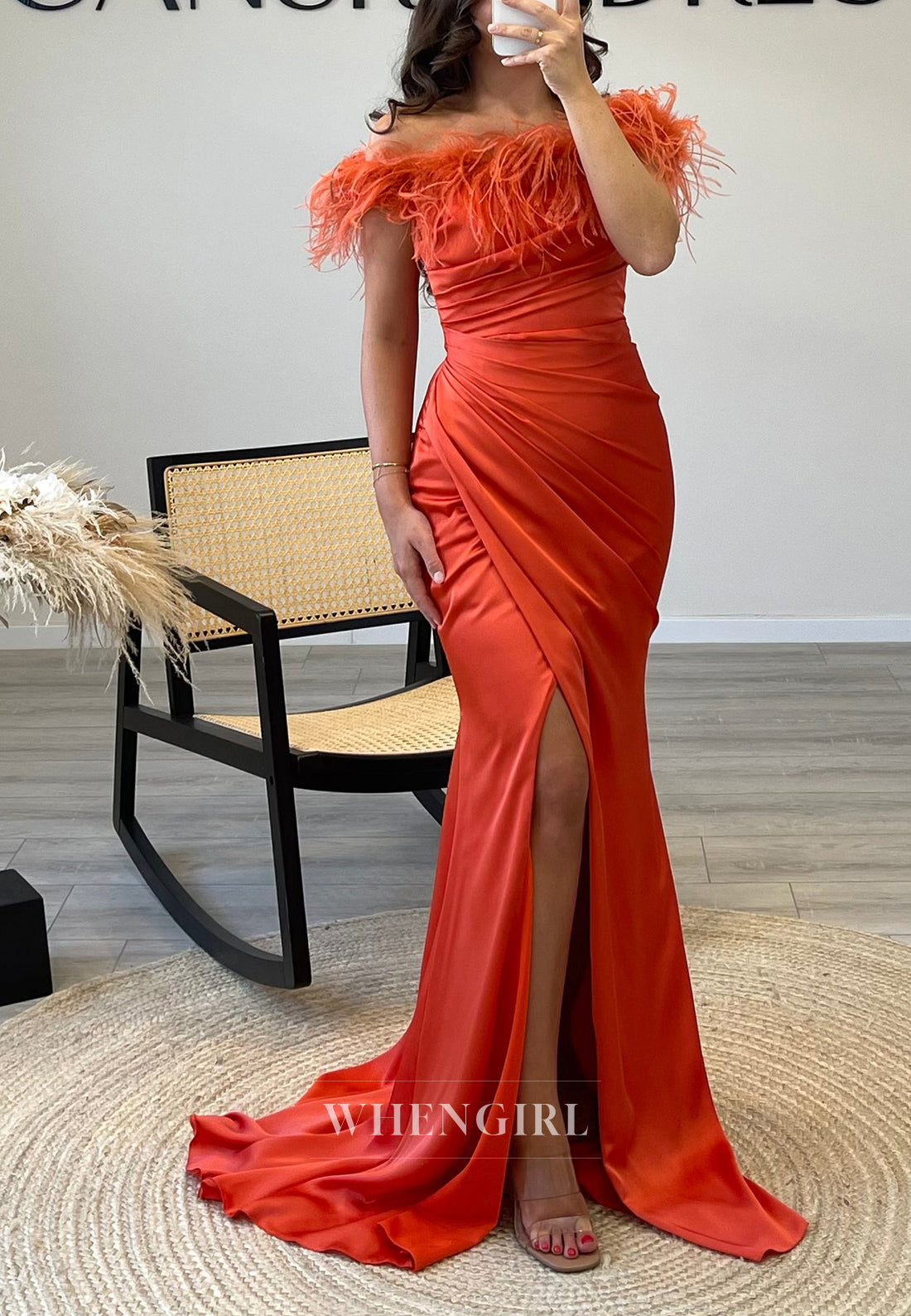 Unique Feather Off Shoulder Side Slit Pleated Formal Evening Dress with Sweep Train