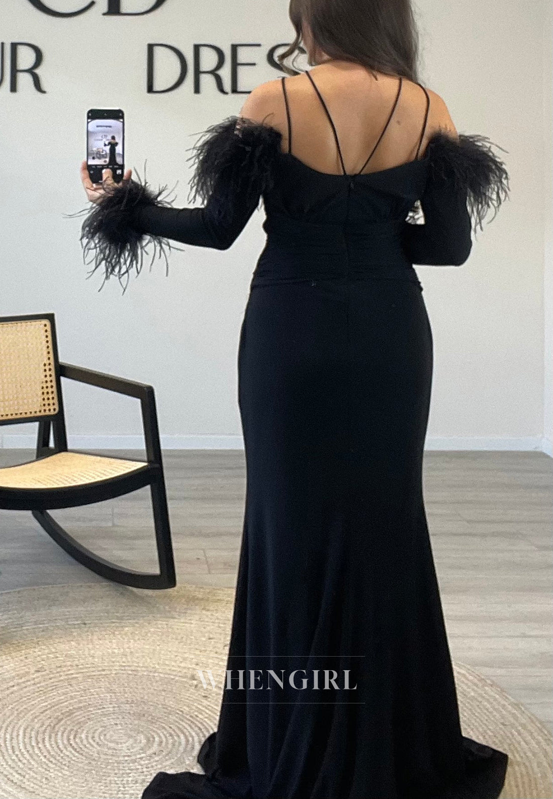 Pleated Long Sleeves Feather Mermaid Formal Gown Side Slit Chiffon Dress