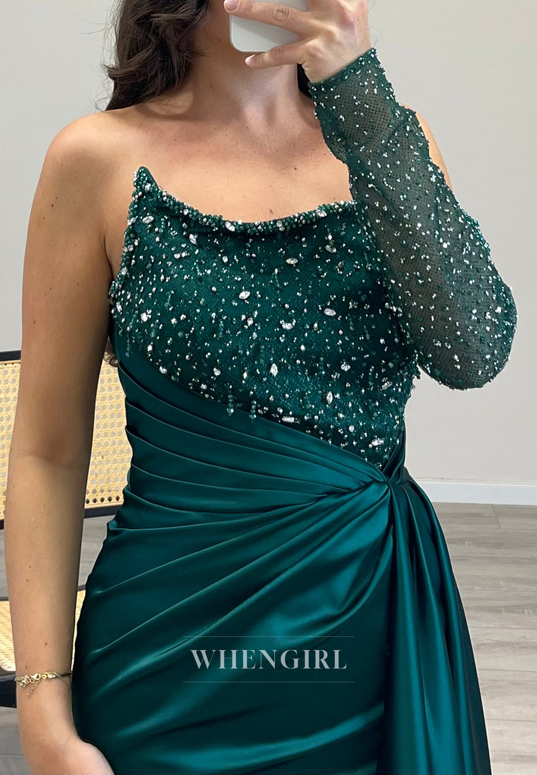 Beaded Sleeves Side Slit Spaghetti Straps Mermaid Pleated Evening Dress