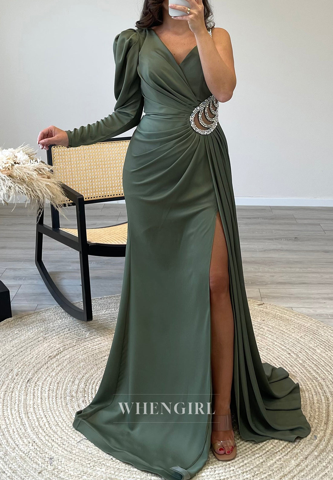 V Neck Low Back Mermaid Evening Dress Rhinestone Side Slit Waist Cut Out Formal Gown