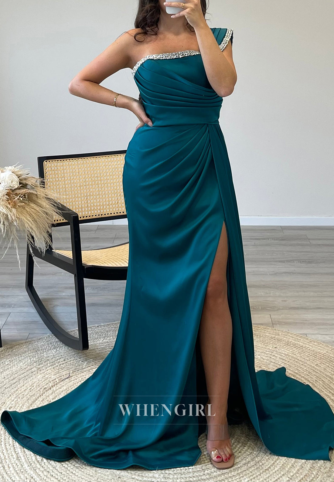 One Shoulder Satin Side Slit Mermaid Beading Sleeveless Evening Gown