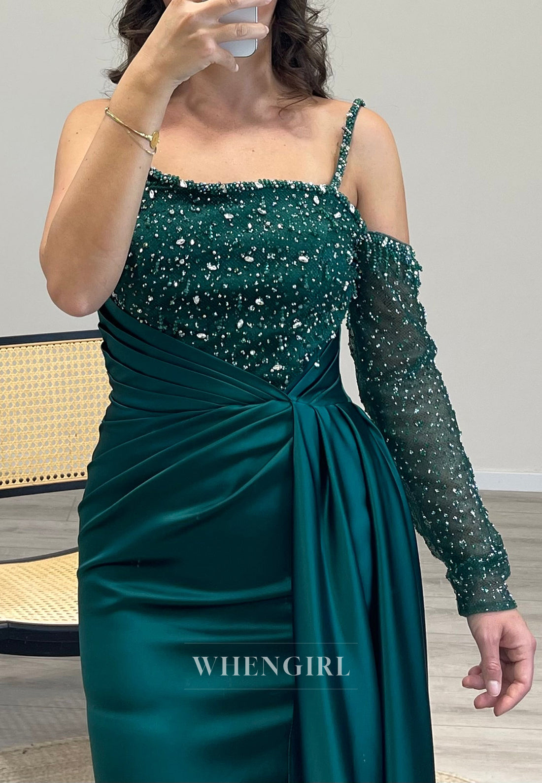 Beaded Sleeves Side Slit Spaghetti Straps Mermaid Pleated Evening Dress