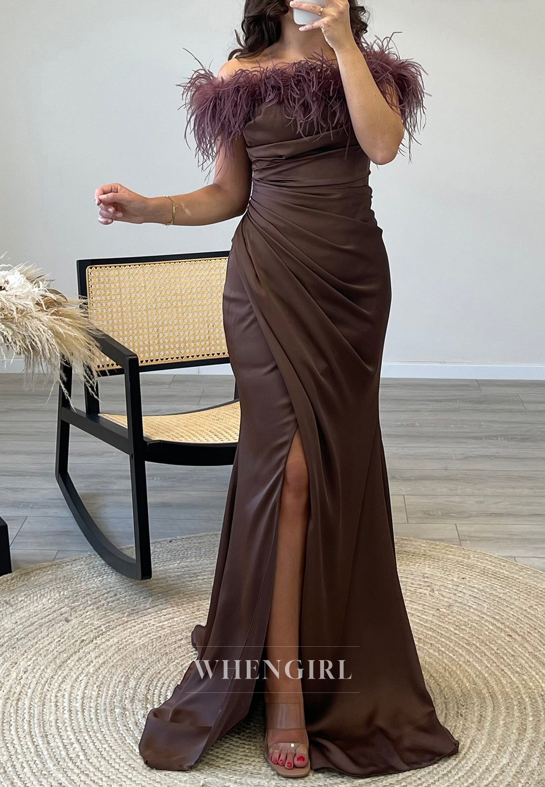 Unique Feather Off Shoulder Side Slit Pleated Formal Evening Dress with Sweep Train
