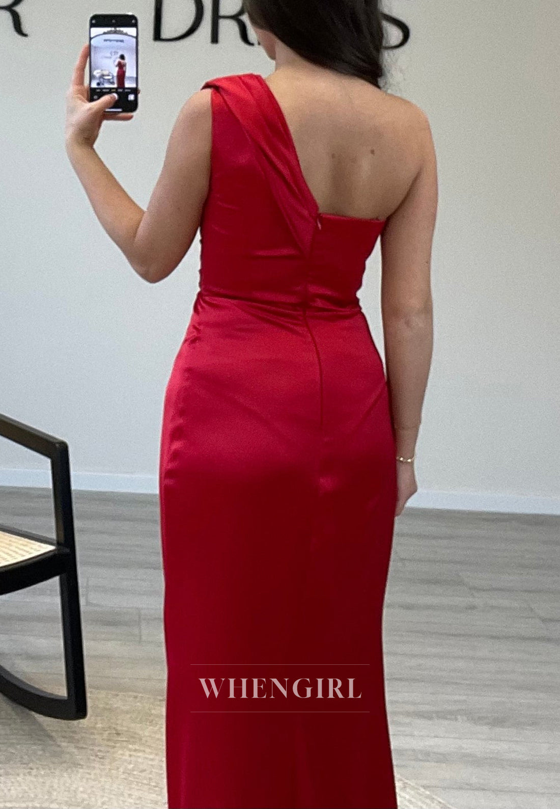 Red Asymmertrical Neck One Shoulder Side Slit Mermaid Pleated Evening Formal Dress