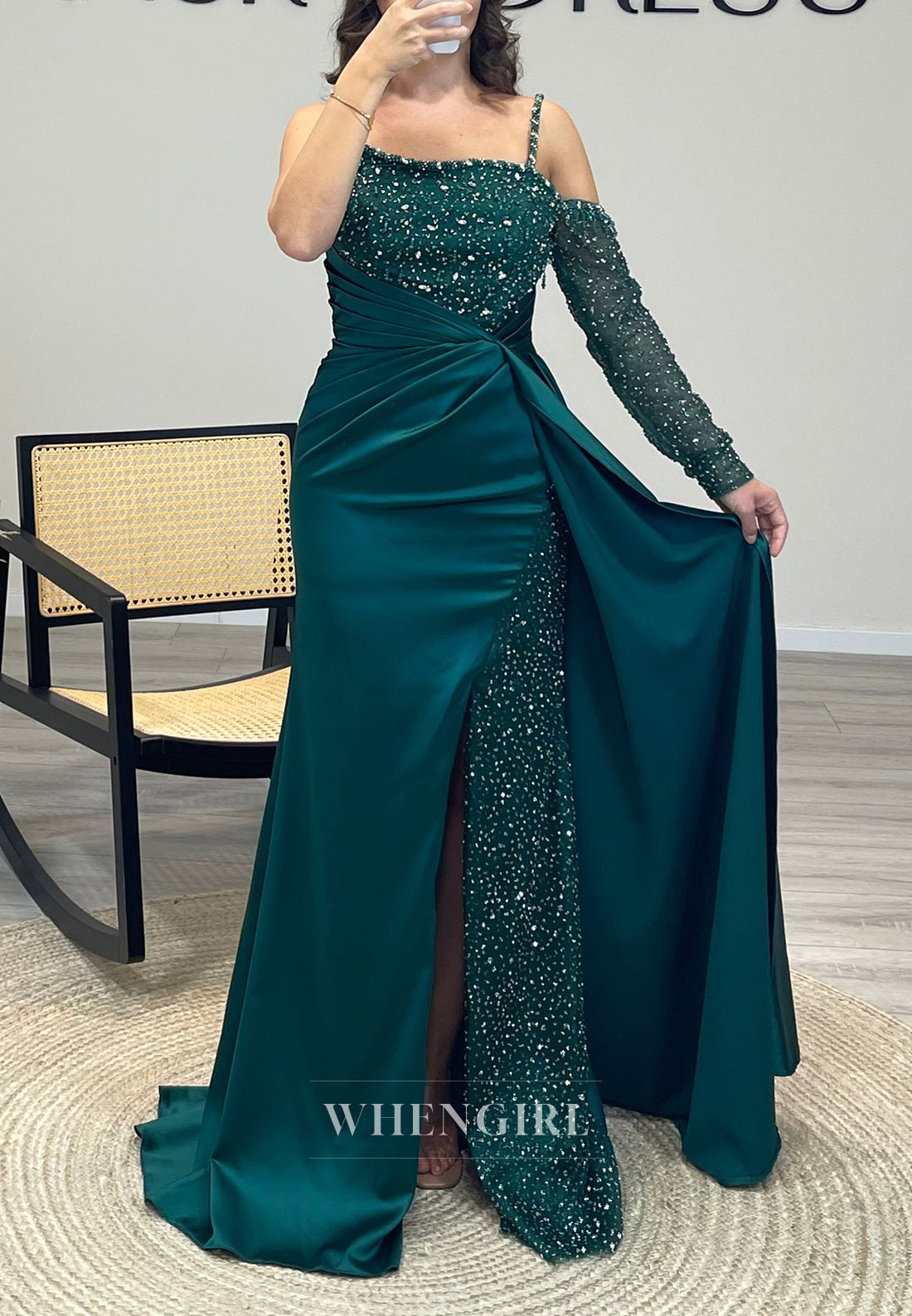 Beaded Sleeves Side Slit Spaghetti Straps Mermaid Pleated Evening Dress