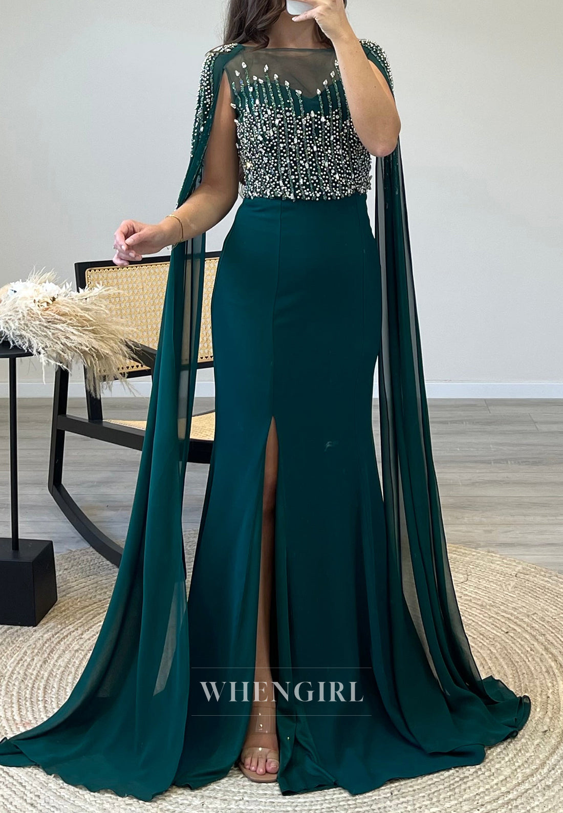 Beading Sleeveless Mermaid Evening Gown Side Slit Sweep Train Formal Dress