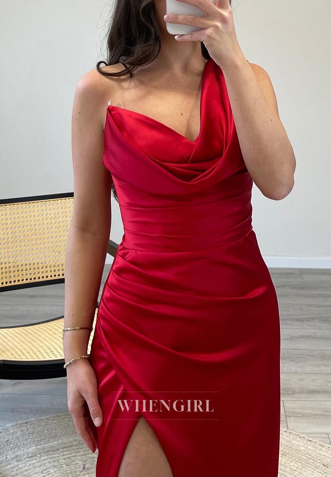 Red Asymmertrical Neck One Shoulder Side Slit Mermaid Pleated Evening Formal Dress