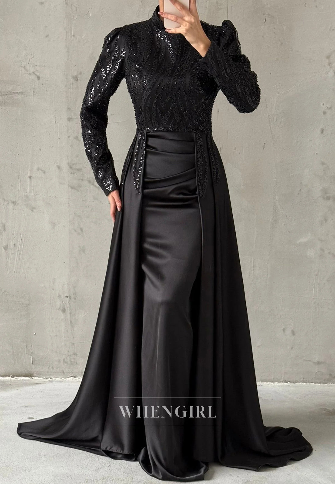 Sheath High Neck Beaded Long Sleeves Sweep Train Evening Formal Dress