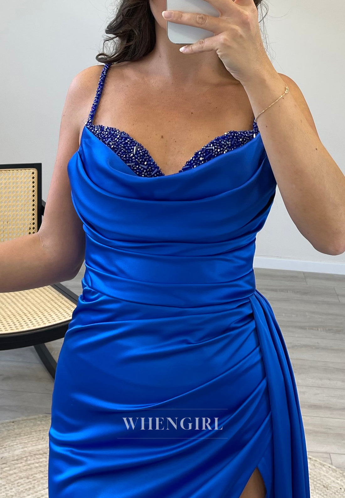 Royal Blue Side Slit Beade Evening Gown Spaghetti Straps Sweetheart Mermaid Formal Dress