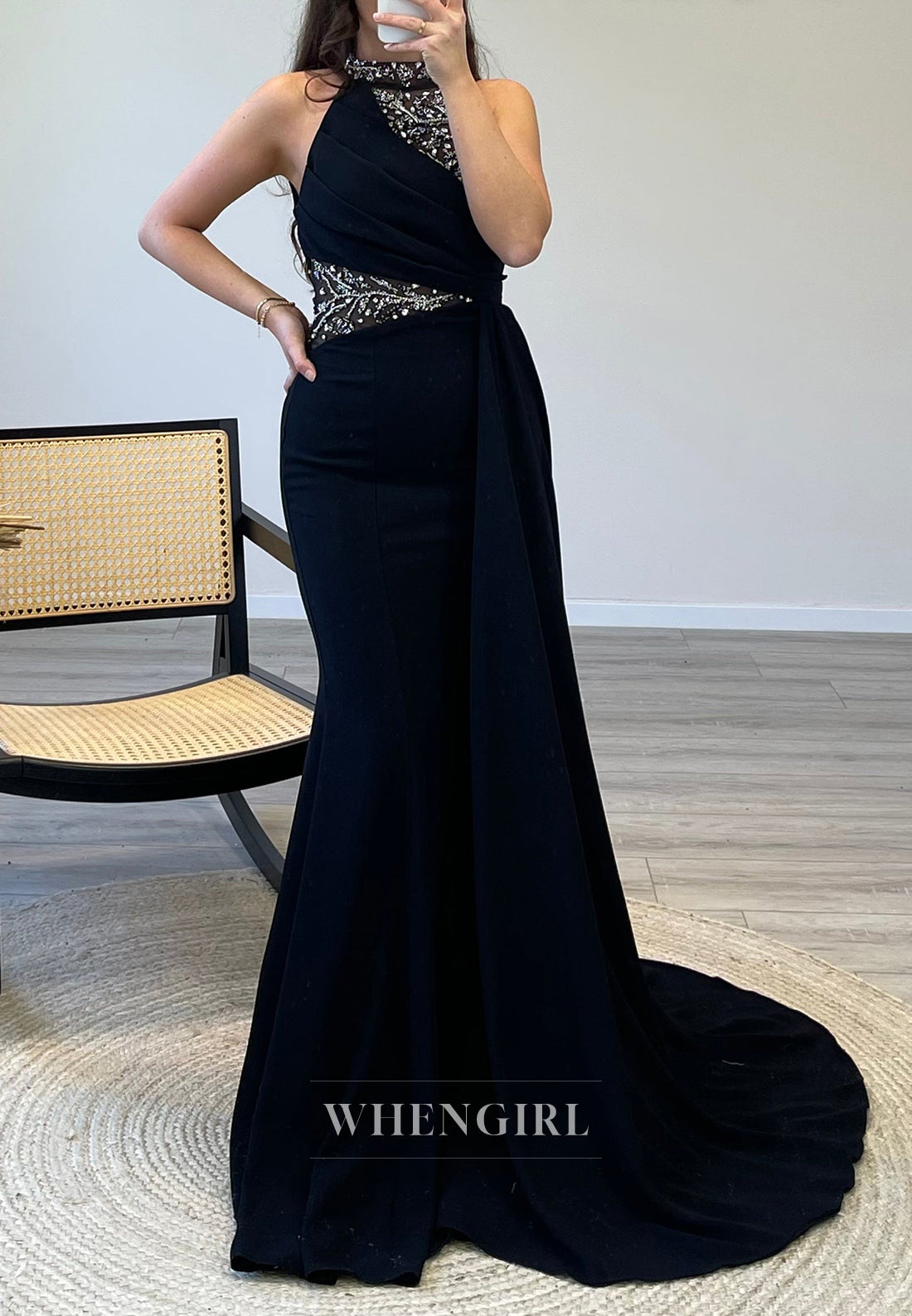 Mermaid Sweep Train Sleeveless Evening Dress Pleated Beade Halter Formal Gown