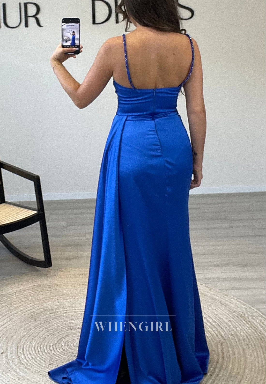 Royal Blue Side Slit Beade Evening Gown Spaghetti Straps Sweetheart Mermaid Formal Dress