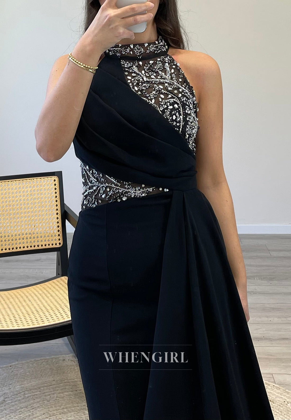 Mermaid Sweep Train Sleeveless Evening Dress Pleated Beade Halter Formal Gown