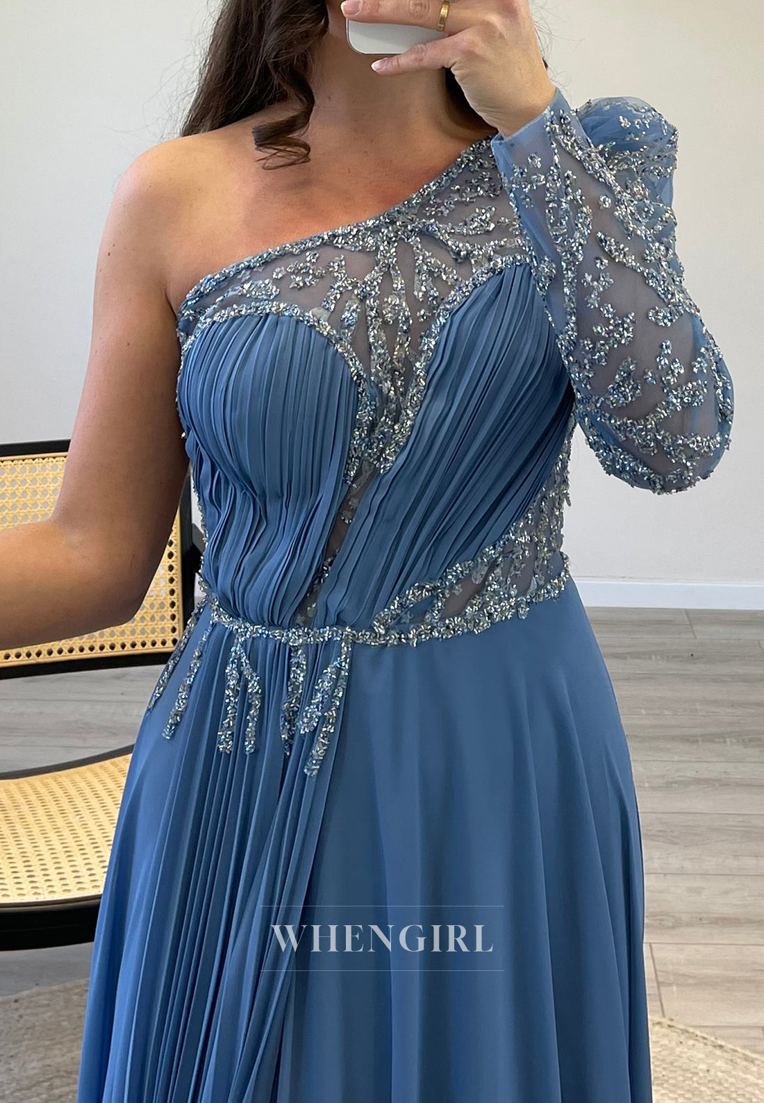 A-Line One Shoulder Beaded Evening Gown Long Sleeve Pleated Chiffon Formal Dress