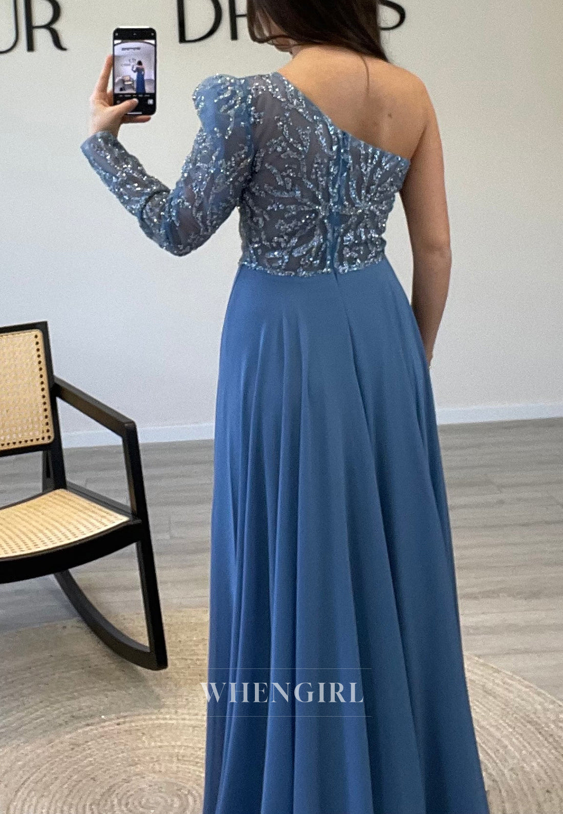 A-Line One Shoulder Beaded Evening Gown Long Sleeve Pleated Chiffon Formal Dress