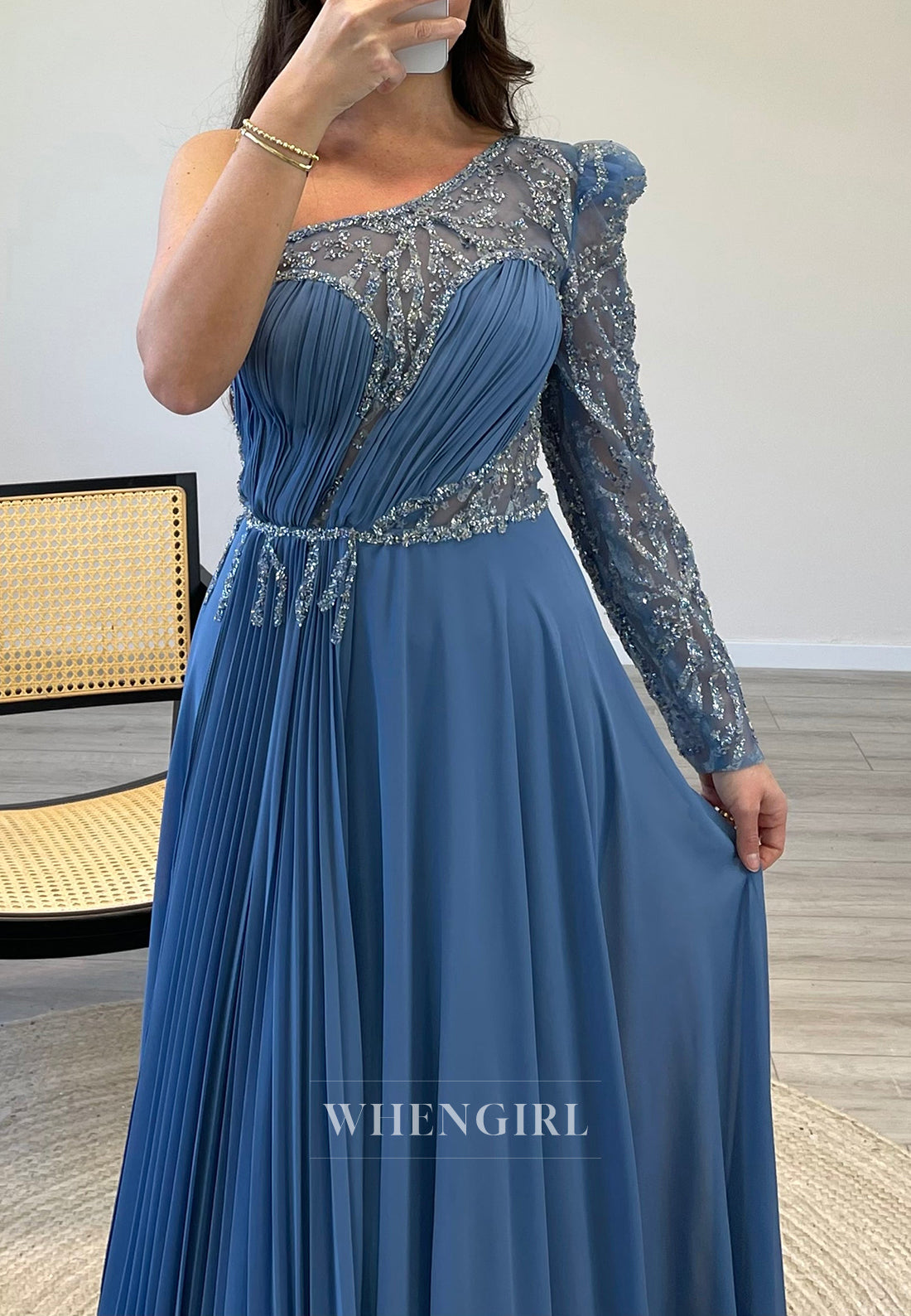 A-Line One Shoulder Beaded Evening Gown Long Sleeve Pleated Chiffon Formal Dress