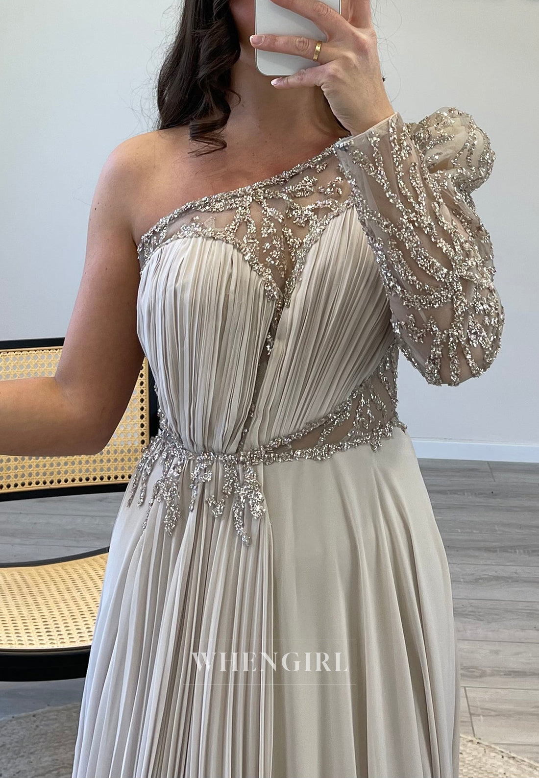 A-Line One Shoulder Beaded Evening Gown Long Sleeve Pleated Chiffon Formal Dress