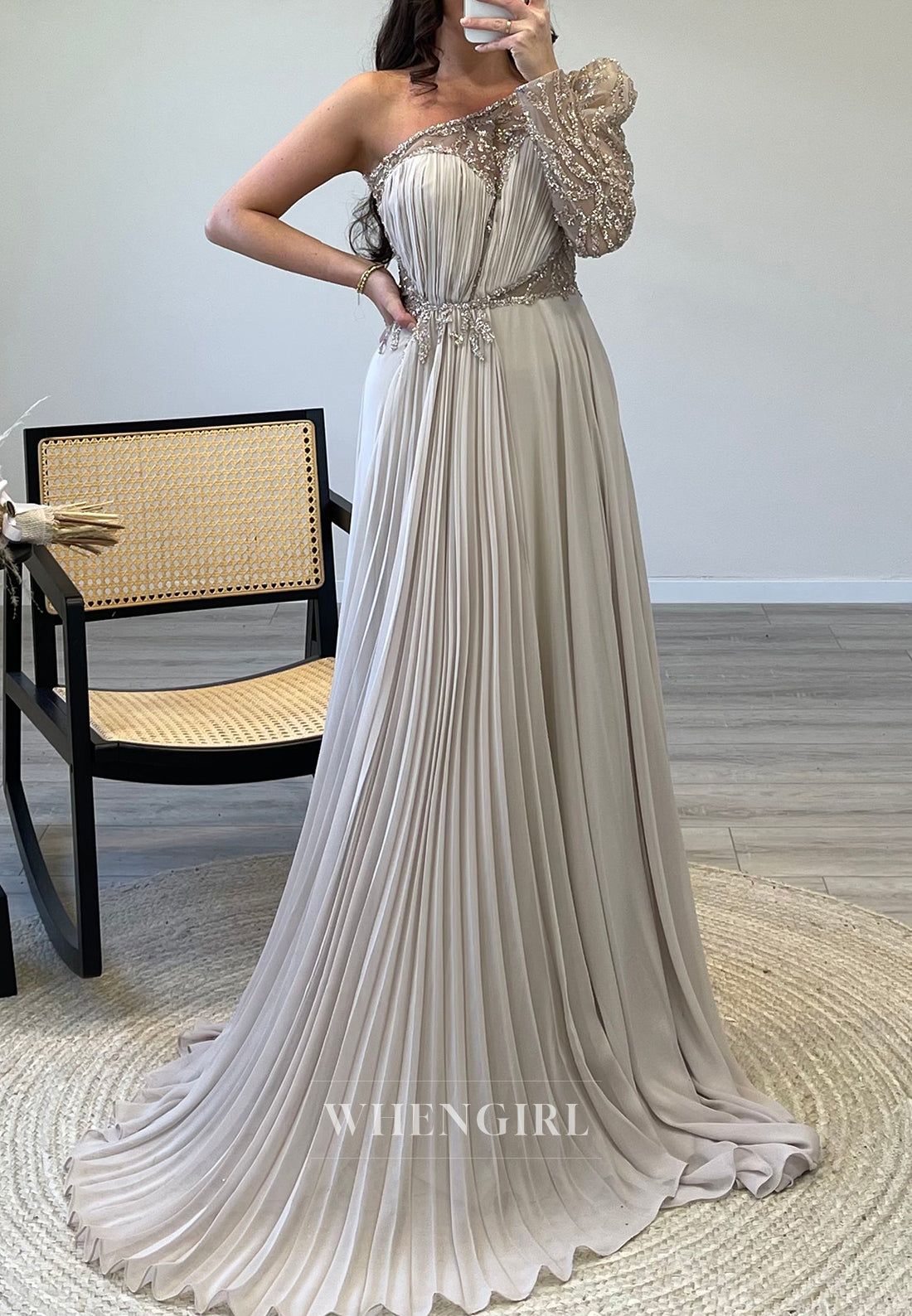 A-Line One Shoulder Beaded Evening Gown Long Sleeve Pleated Chiffon Formal Dress