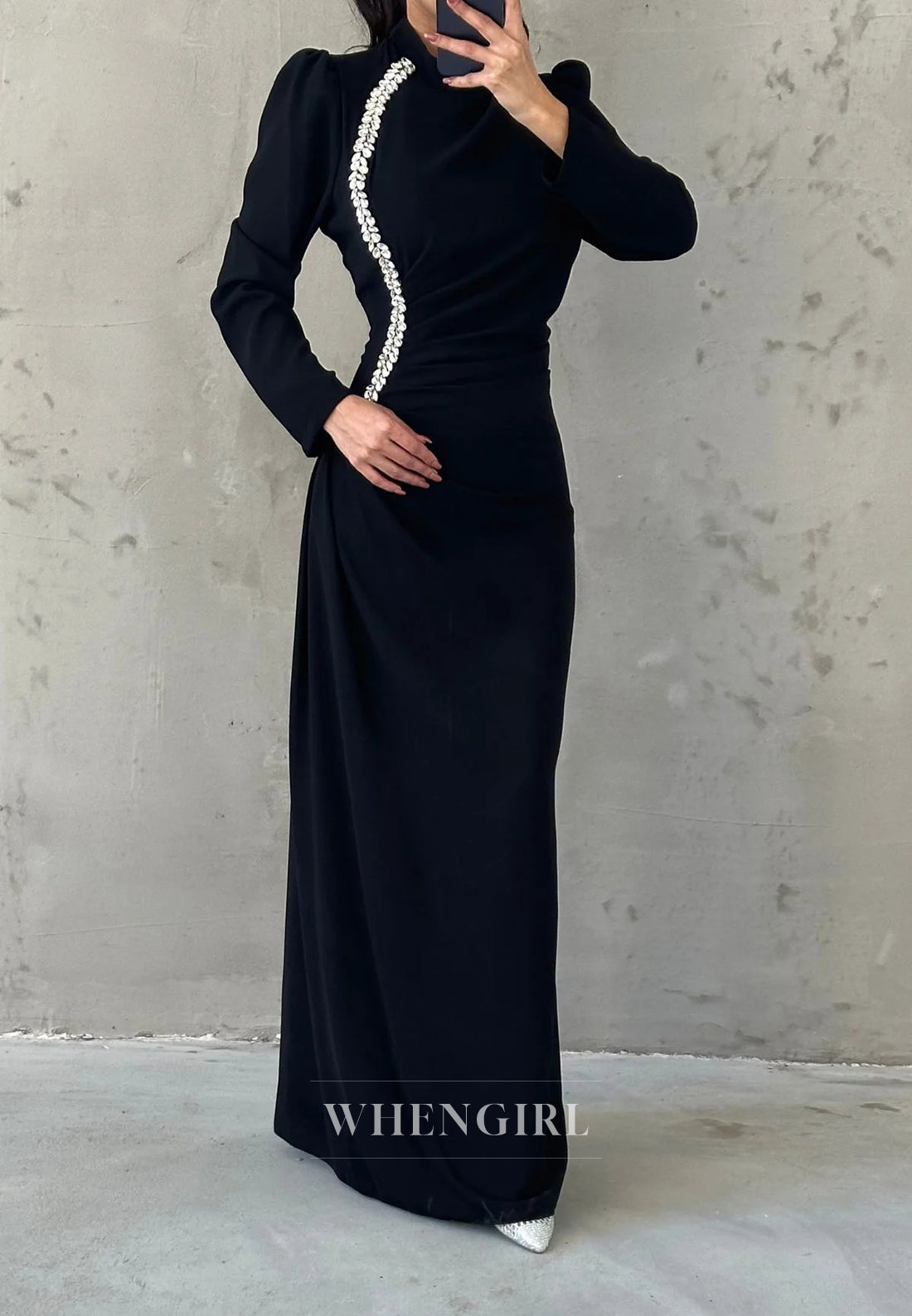 Column High Neck Long Sleeves Beaded Ruched Formal Evening Dress