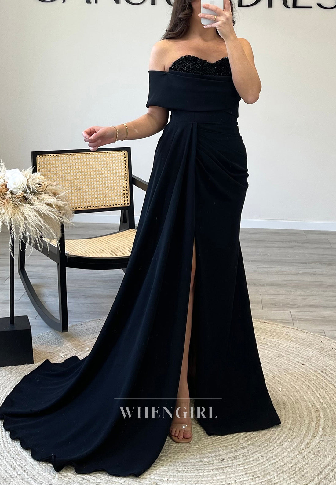 Beaded Sweetheart Romantic Side Slit Mermaid Formal Evening Gown with Train