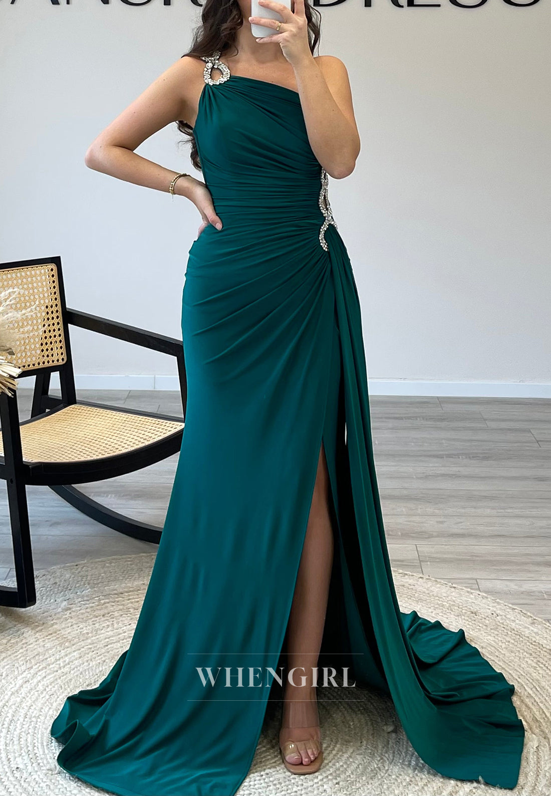 Mermaid Rhinestone One Shoulder Side Waist Cut Out Side Slit Evening Formal Dress