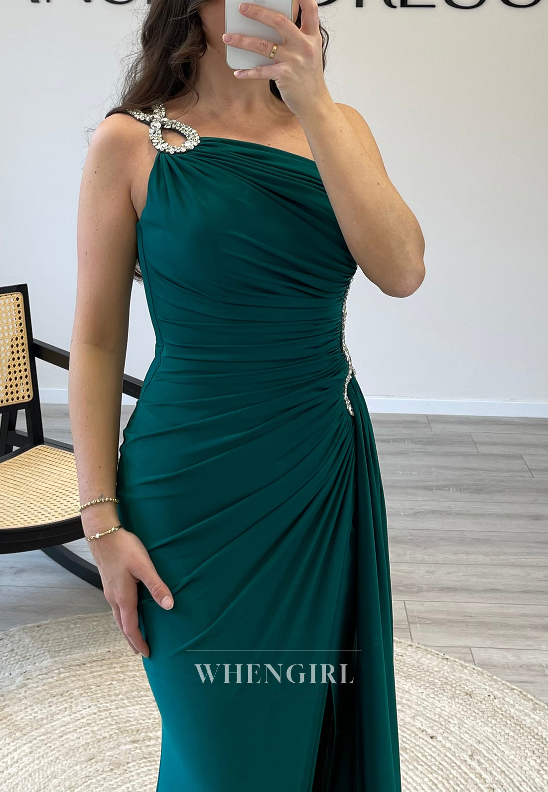 Mermaid Rhinestone One Shoulder Side Waist Cut Out Side Slit Evening Formal Dress