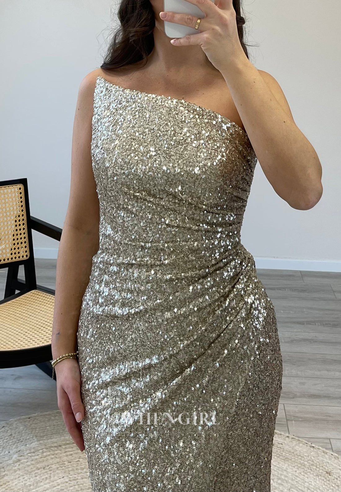 Sleeveless Asymmertrical Sequin Mermaid Evening Gown Off Shoulder Side Slit Formal Dress
