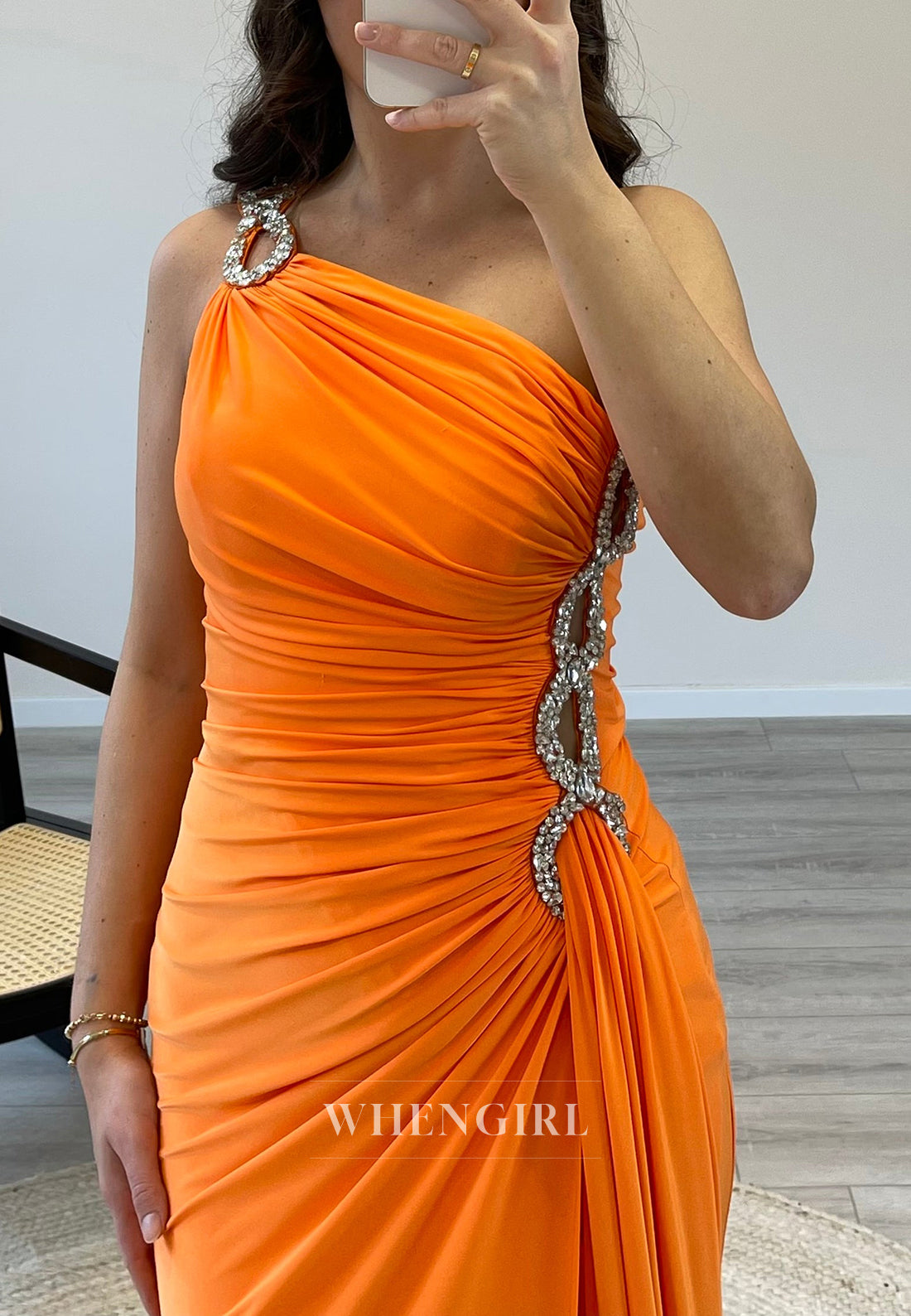 Mermaid Rhinestone One Shoulder Side Waist Cut Out Side Slit Evening Formal Dress