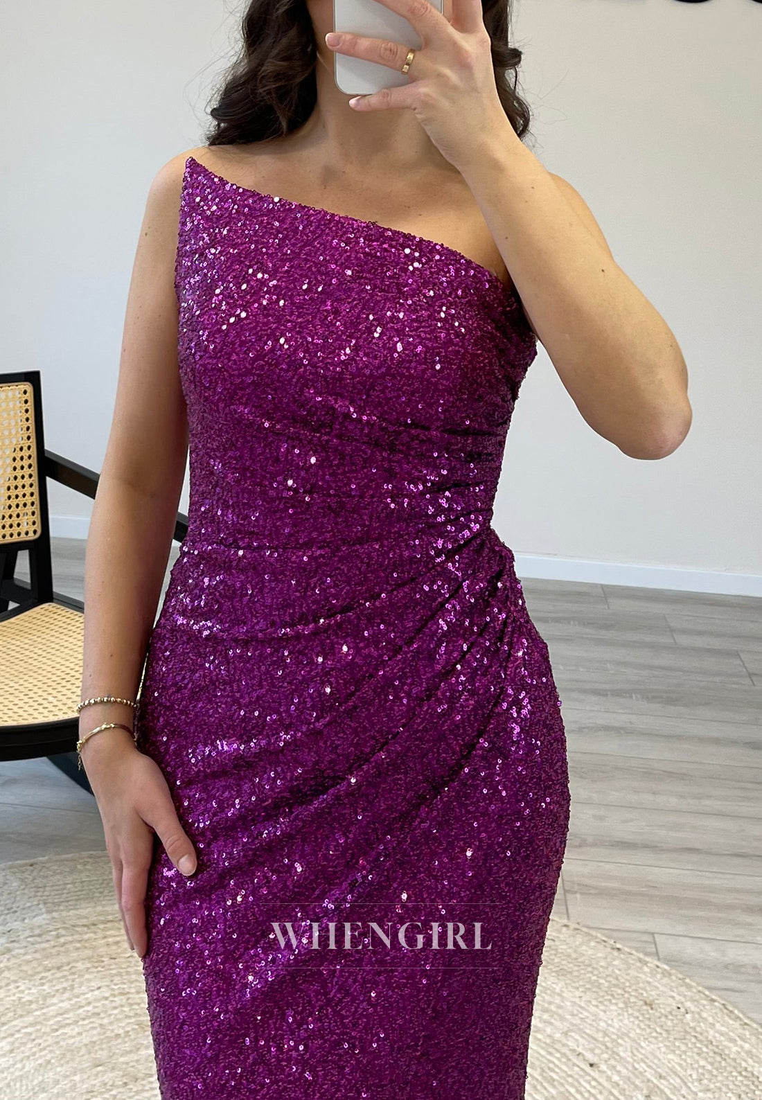 Sleeveless Asymmertrical Sequin Mermaid Evening Gown Off Shoulder Side Slit Formal Dress