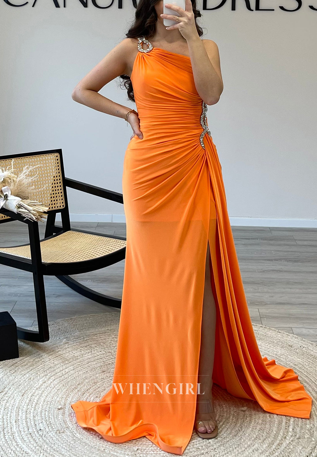 Mermaid Rhinestone One Shoulder Side Waist Cut Out Side Slit Evening Formal Dress