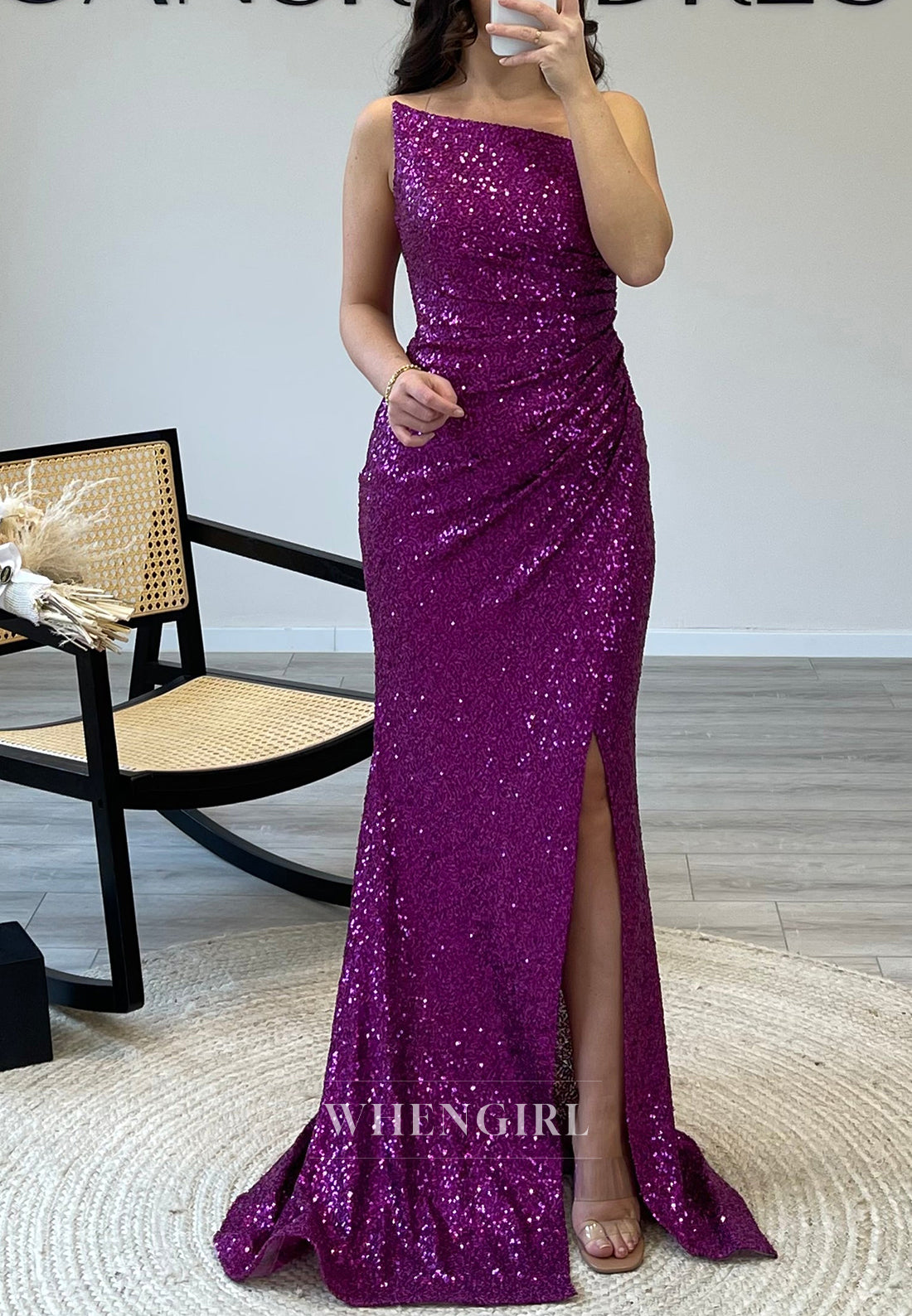 Sleeveless Asymmertrical Sequin Mermaid Evening Gown Off Shoulder Side Slit Formal Dress