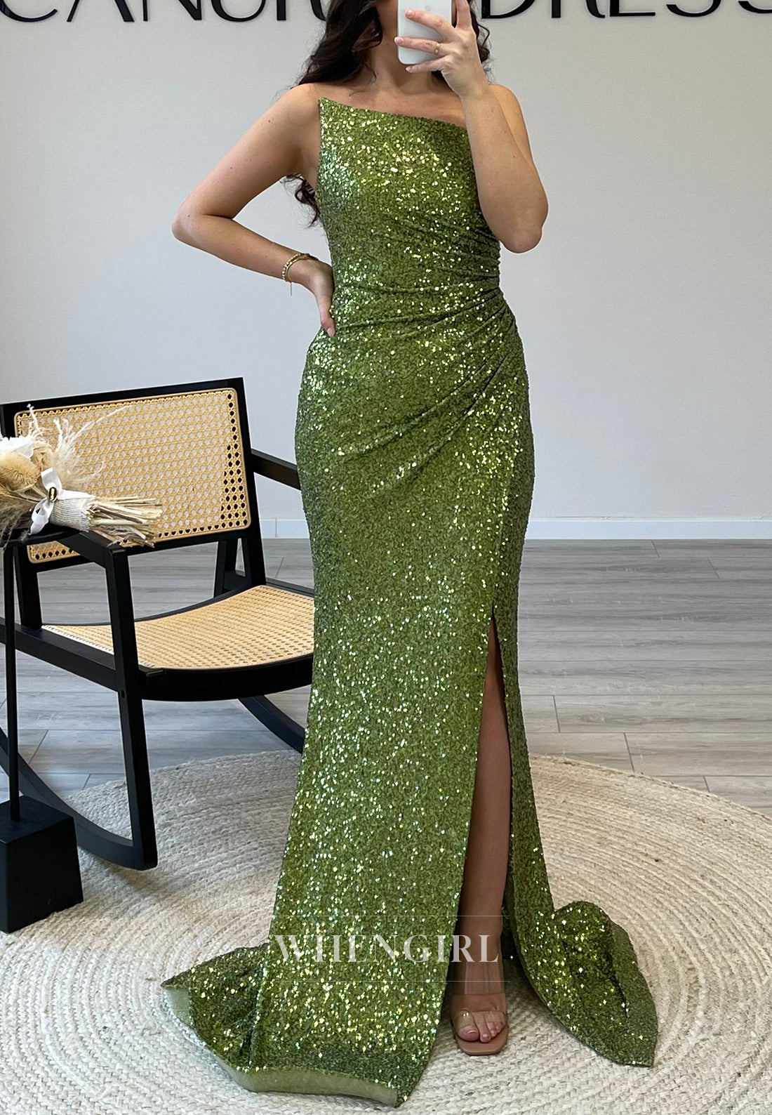 Sleeveless Asymmertrical Sequin Mermaid Evening Gown Off Shoulder Side Slit Formal Dress