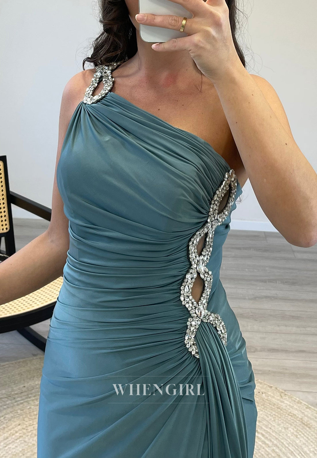 Mermaid Rhinestone One Shoulder Side Waist Cut Out Side Slit Evening Formal Dress