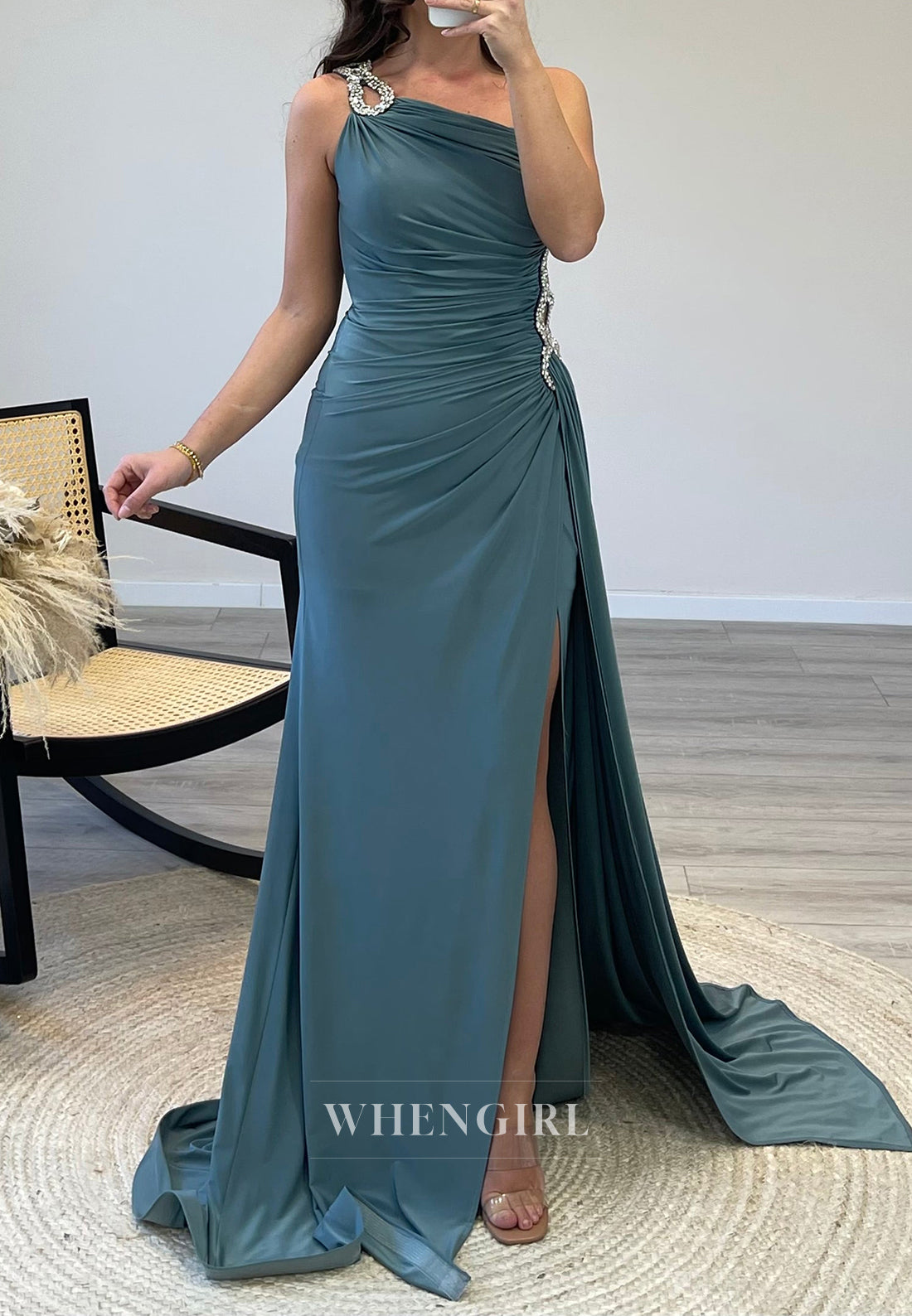 Mermaid Rhinestone One Shoulder Side Waist Cut Out Side Slit Evening Formal Dress