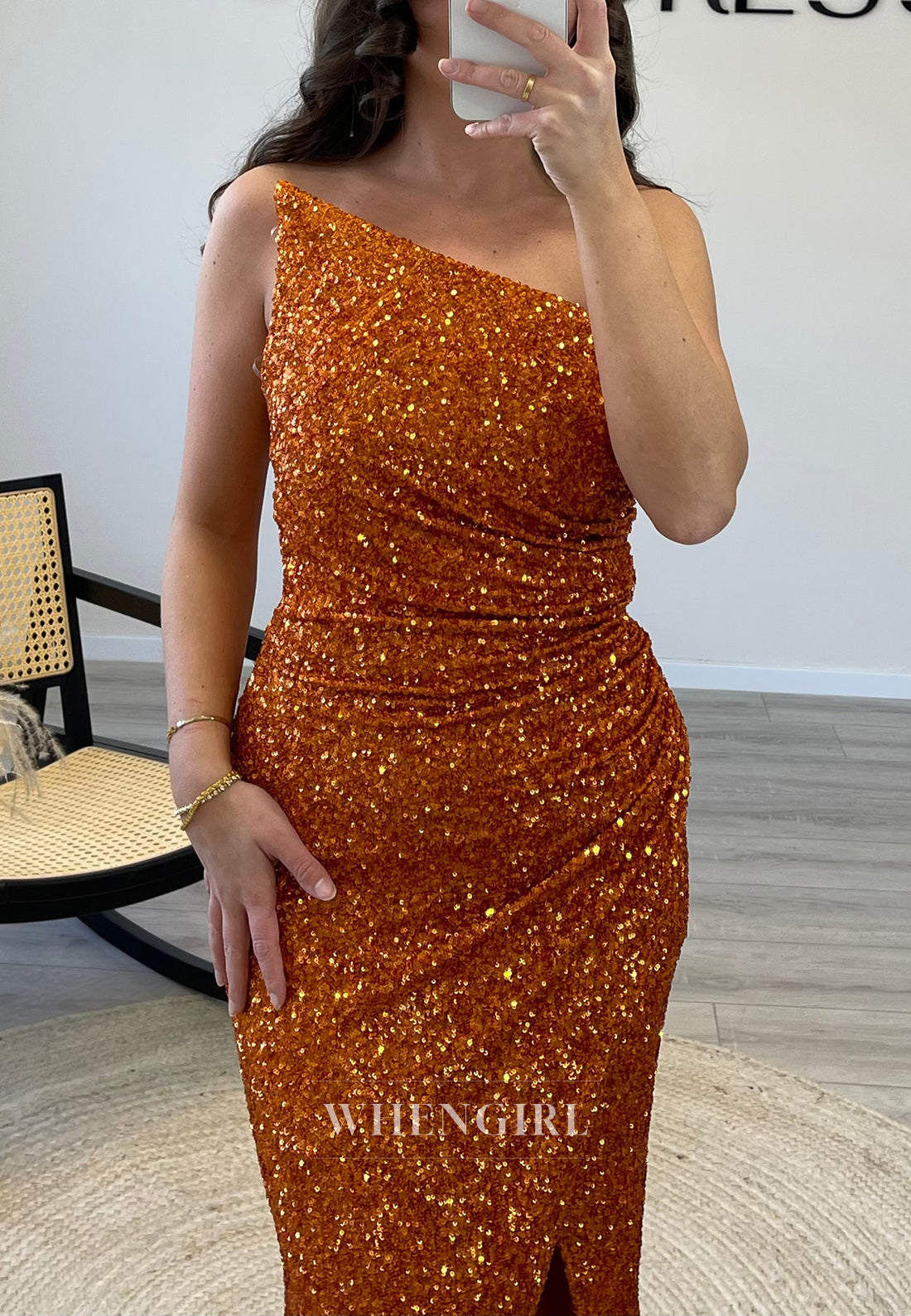 Sleeveless Asymmertrical Sequin Mermaid Evening Gown Off Shoulder Side Slit Formal Dress