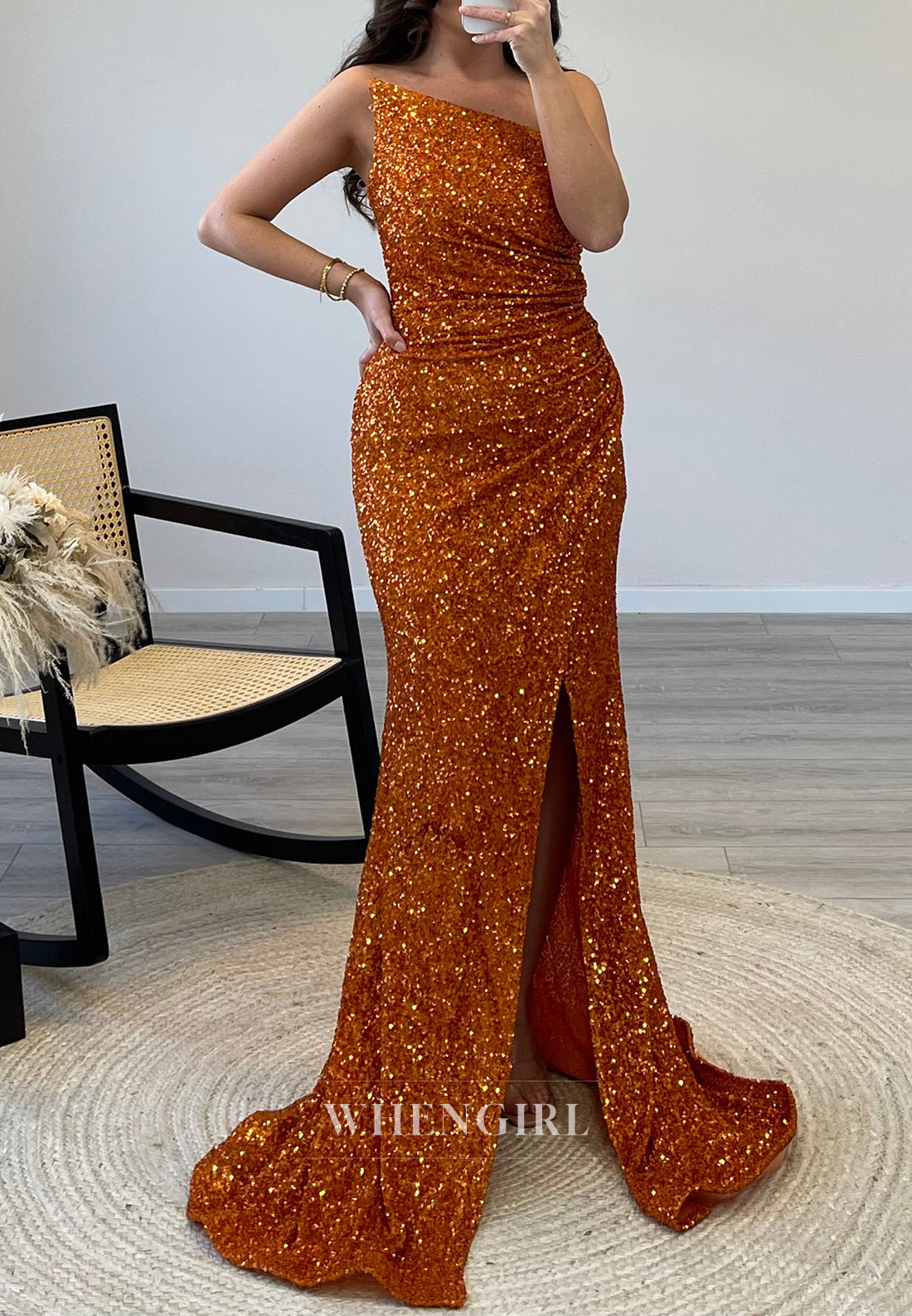 Sleeveless Asymmertrical Sequin Mermaid Evening Gown Off Shoulder Side Slit Formal Dress