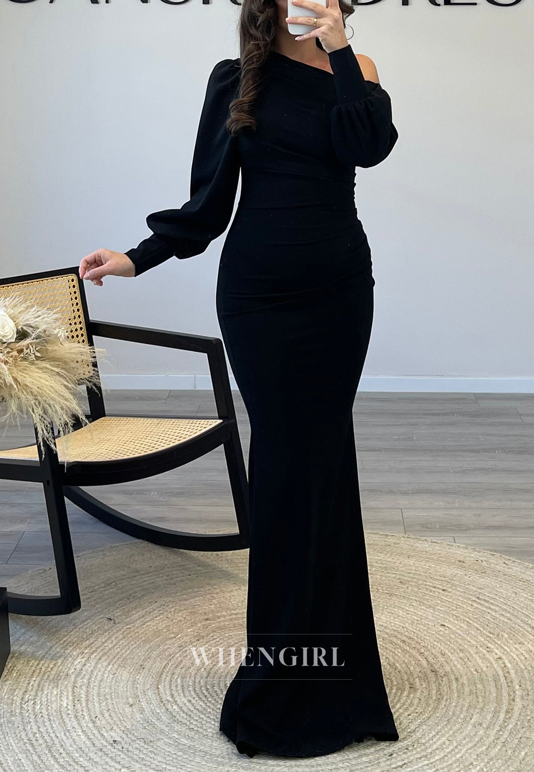 One Shoulder Long Sleeves Pleated Floor Length Chiffon Mermaid Evening Formal Gown