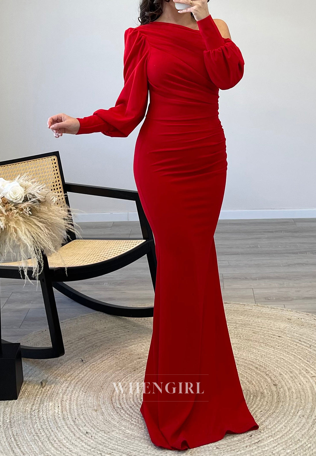 One Shoulder Long Sleeves Pleated Mermaid Evening Gown Simple Floor Length Formal Dress