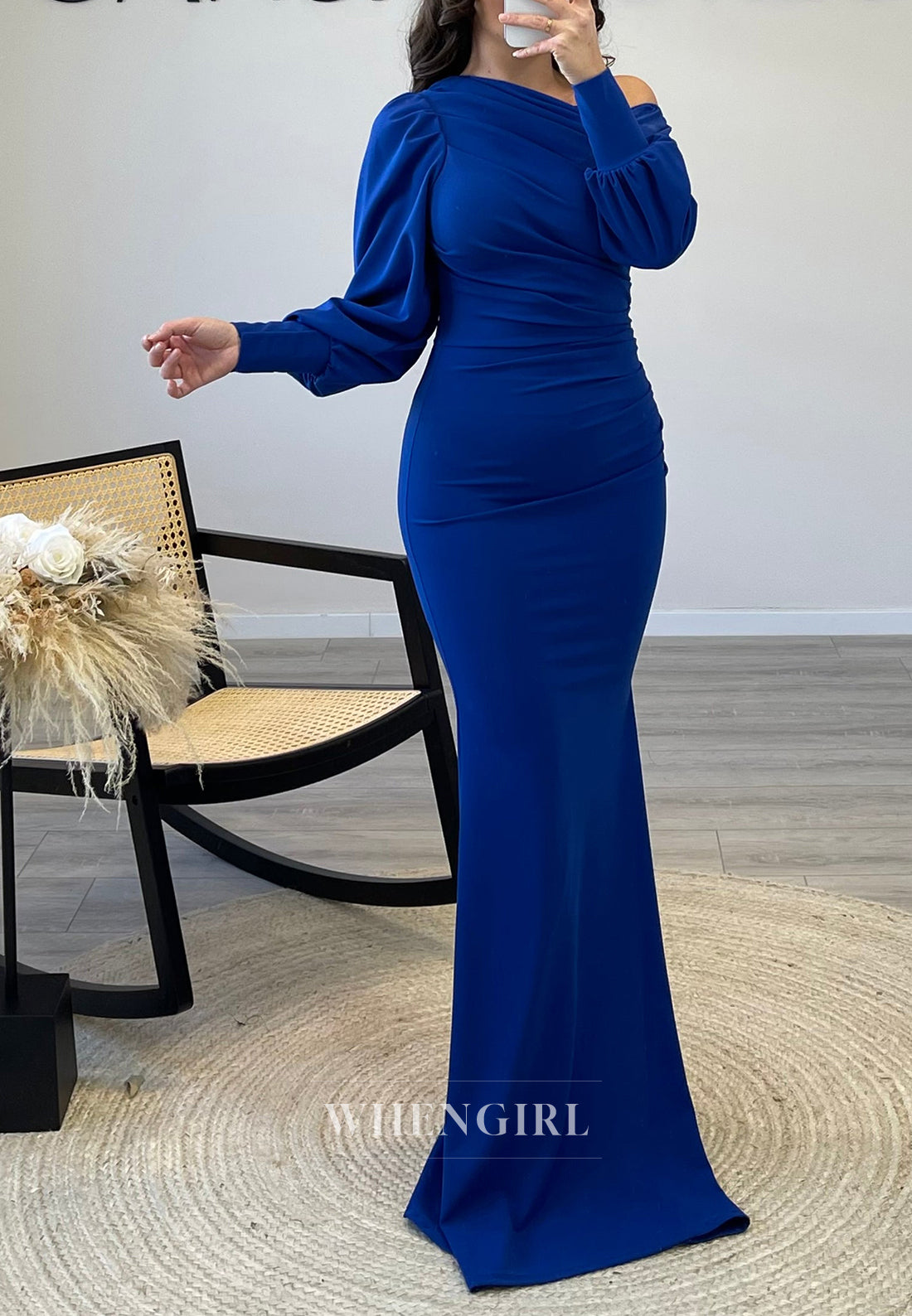 One Shoulder Long Sleeves Pleated Mermaid Evening Gown Simple Floor Length Formal Dress